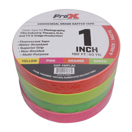 ProX 4-Pack 1 Inch 180FT 60YD Multi-Color Fluorescent Commercial Grade Gaffer Tape Pros Choice Non-Residue