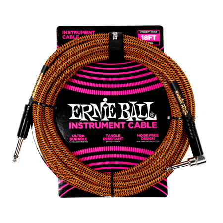 Ernie Ball Braided Right Angled Instrument Cable, 18ft - Pumpkin Pie