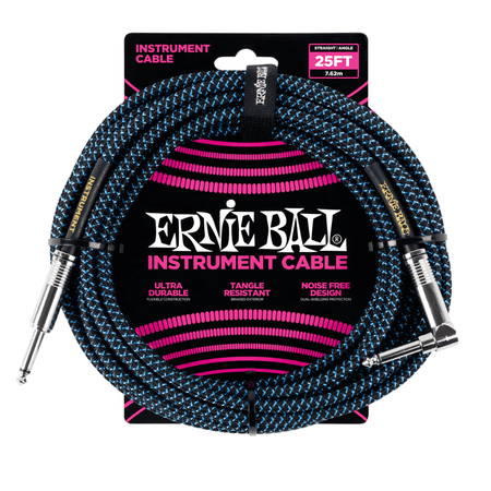 Ernie Ball Braided Right Angled Instrument Cable, 25ft - Black/Blue
