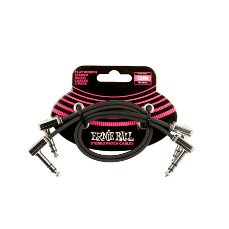 Ernie Ball Flat Ribbon Stereo Right Angle to Right Angle Patch Cable - 12-inch, Black (2-pack)