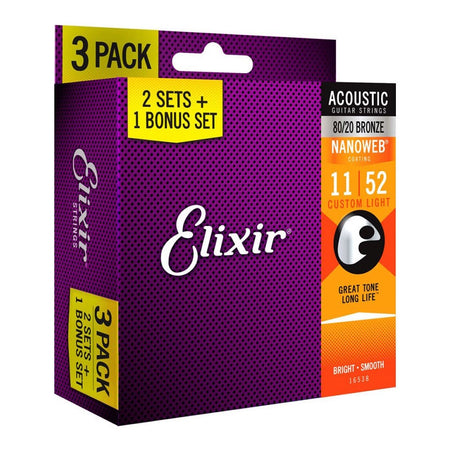 Elixir Strings Nanoweb 80/20 Bronze .011-.052 Gauge Acoustic Guitar Strings 3PK