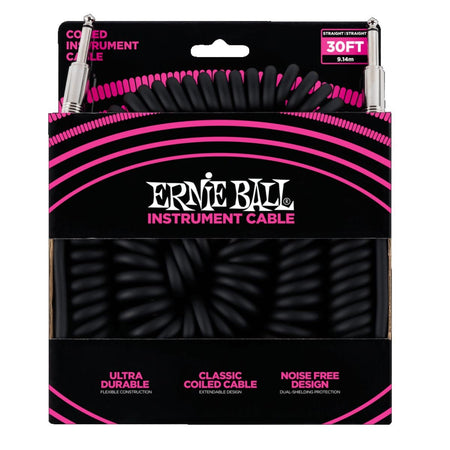 Ernie Ball P06044 Coiled Straight to Straight Instrument Cable - 30 foot Black
