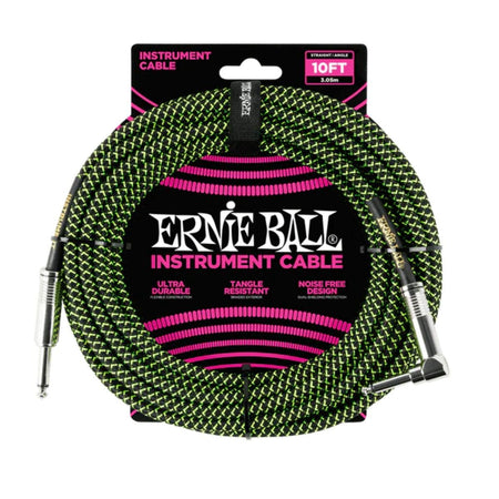 Ernie Ball P06077 Braided Straight to Right Angle Instrument Cable - 10 foot Black/Green
