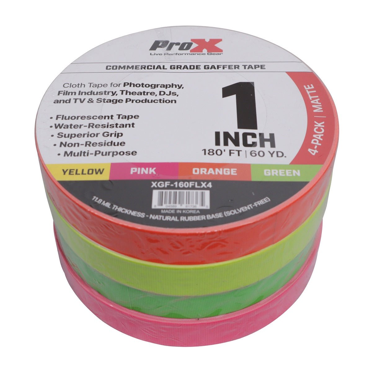 ProX 4-Pack 1 Inch 180FT 60YD Multi-Color Fluorescent Commercial Grade Gaffer Tape Pros Choice Non-Residue