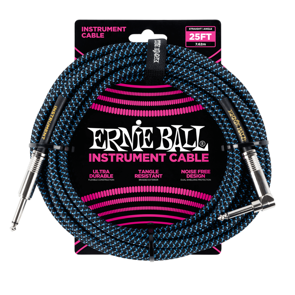 Ernie Ball Braided Right Angled Instrument Cable, 25ft - Black/Blue