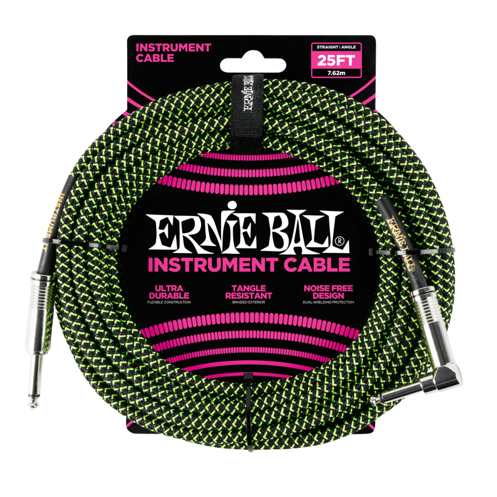 Ernie Ball Braided Right Angled Instrument Cable, 25ft - Black/Green