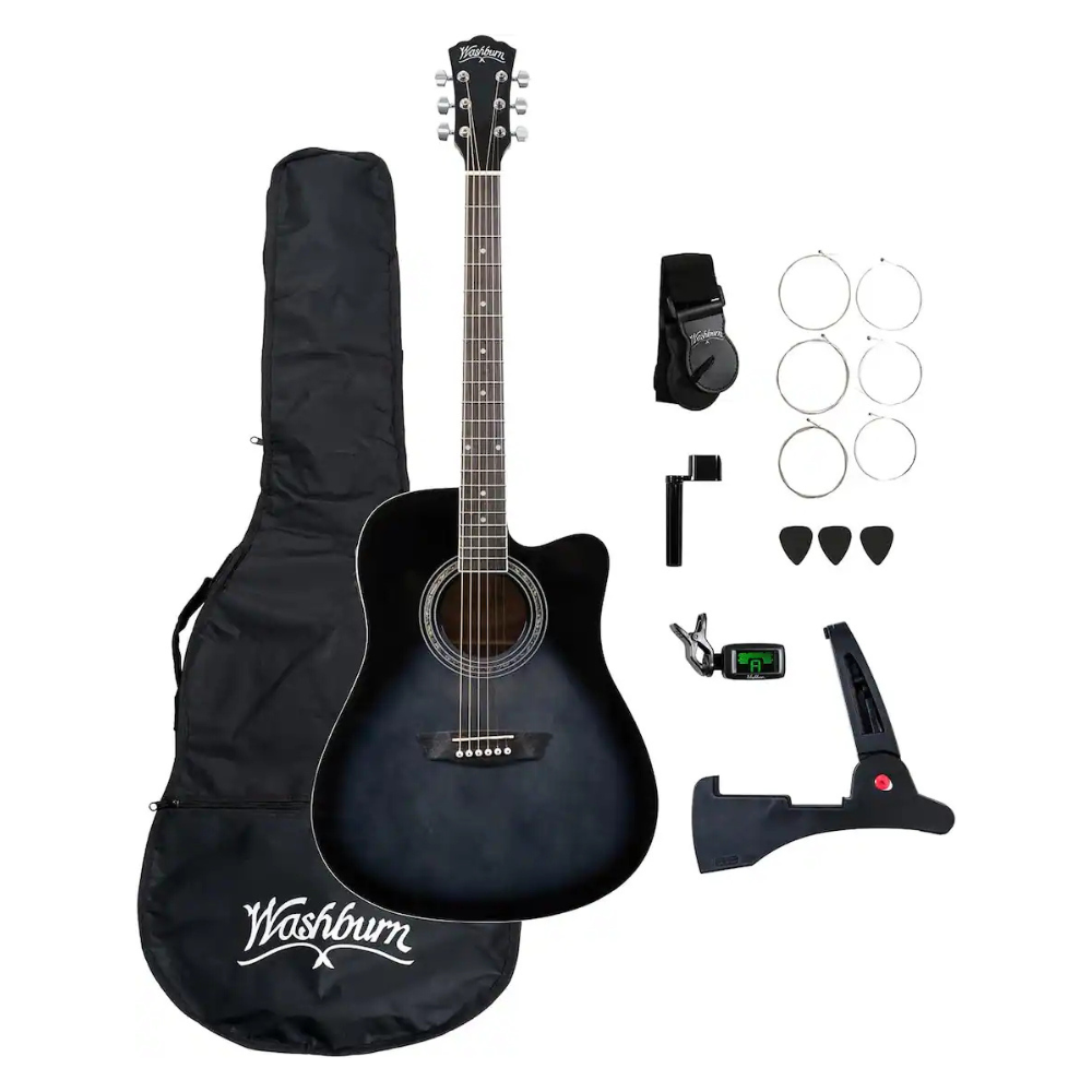 Washburn WA90CE Acoustic-Electric Dreadnought Guitar Pack - Transparent Black Burst