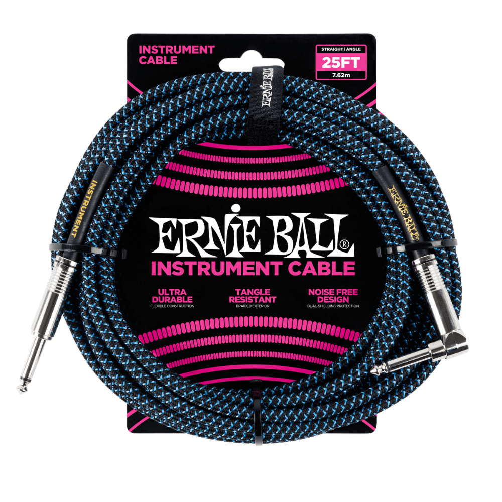 Ernie Ball Braided Right Angled Instrument Cable, 25ft - Black/Blue
