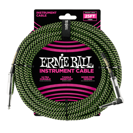 Ernie Ball Braided Right Angled Instrument Cable, 25ft - Black/Green