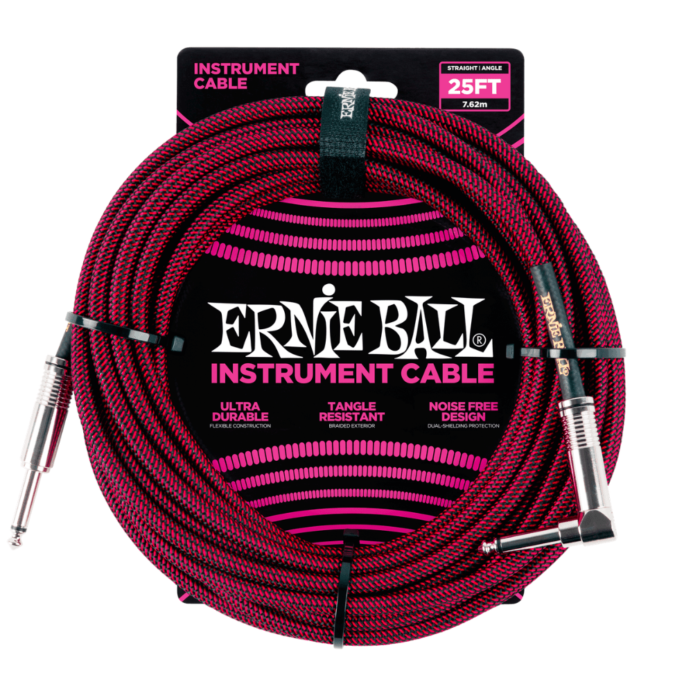 Ernie Ball Braided Right Angled Instrument Cable, 25ft - Black/Red