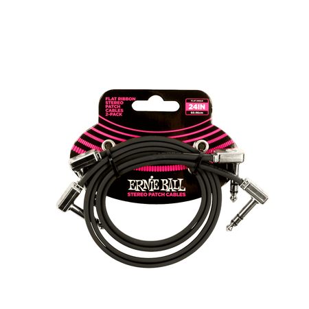 Ernie Ball Flat Ribbon Stereo Right Angle to Right Angle Patch Cable - 24-inch, Black (2-pack)