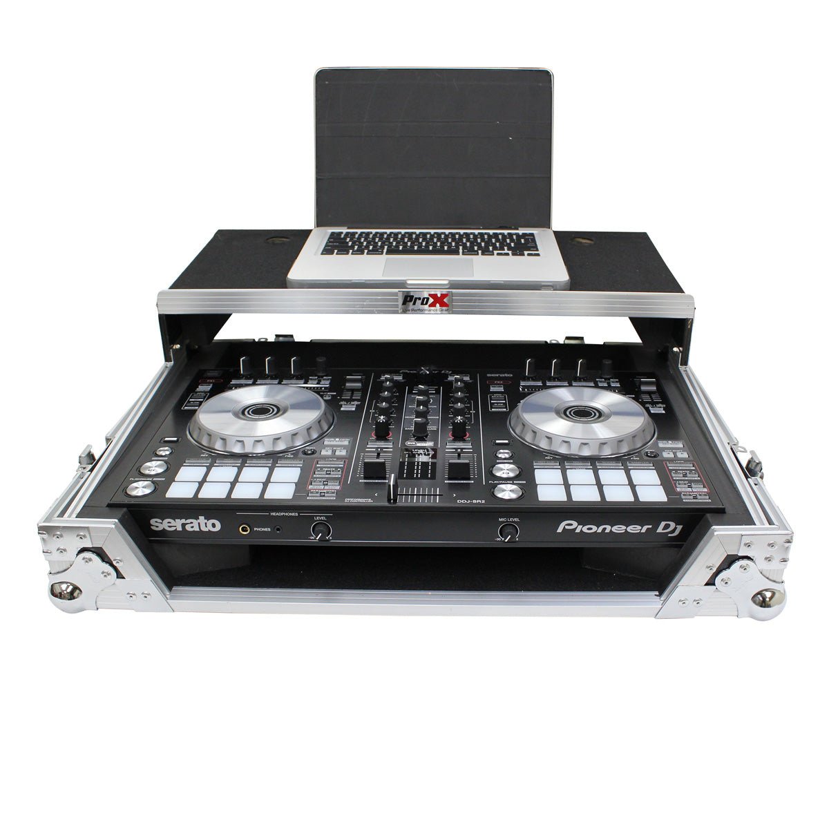 ProX Flight Case for Pioneer DDJ-SR2 and Hercules DJControl Inpulse 500 Controllers with Laptop Shelf and LED Kit