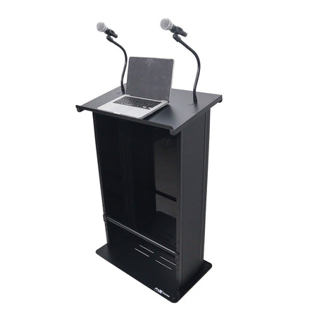 ProX X-MAESTRO-MEDIA-BL Maestro Multi-Media Lectern Podium for LED Flatscreen TVs up to 32" with 2 Gooseneck Mic Stands - Black Finish