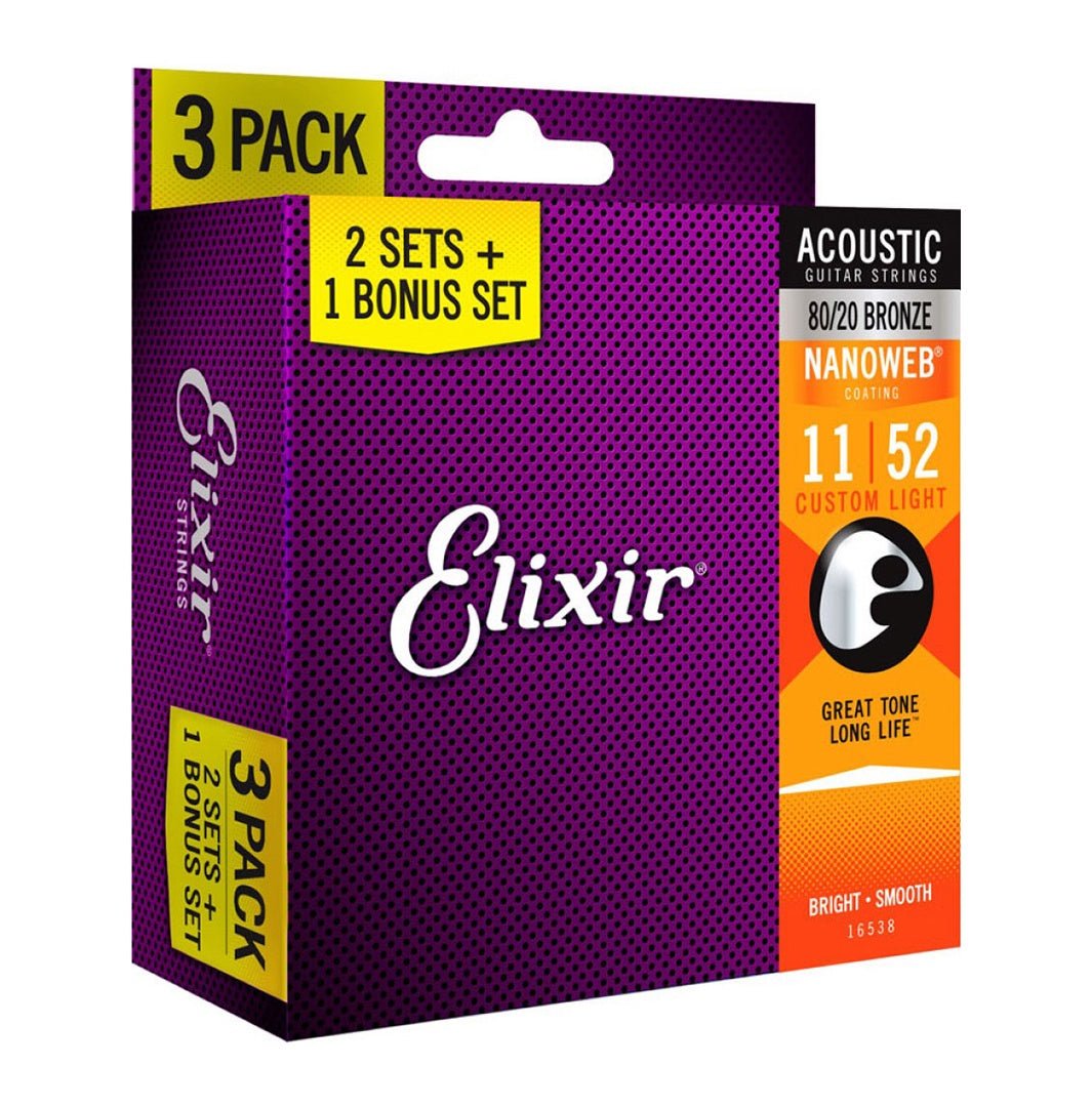 Elixir Strings Nanoweb 80/20 Bronze .011-.052 Gauge Acoustic Guitar Strings 3PK