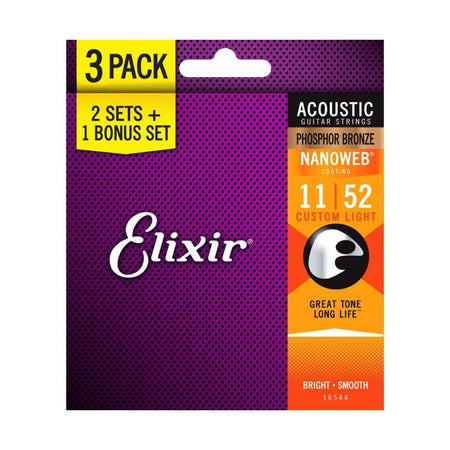 Elixir Strings Nanoweb Bronze 11-52 Acoustic Guitar Strings 2 Sets Plus 1…