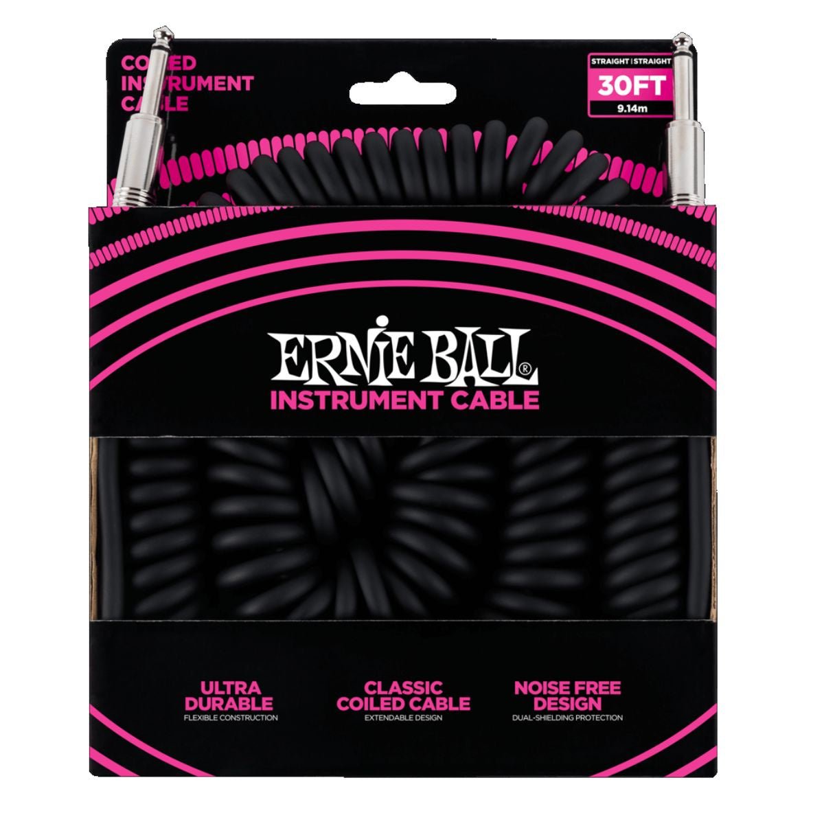 Ernie Ball P06044 Coiled Straight to Straight Instrument Cable - 30 foot Black