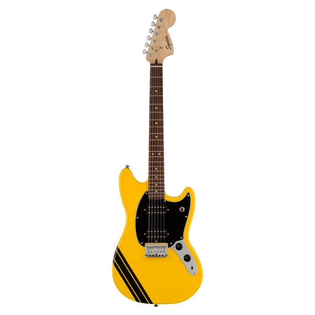 Squier FSR Bullet Competition Mustang HH, Laurel Fingerboard, Black Pickguard, Graffiti Yellow with Black Stripes